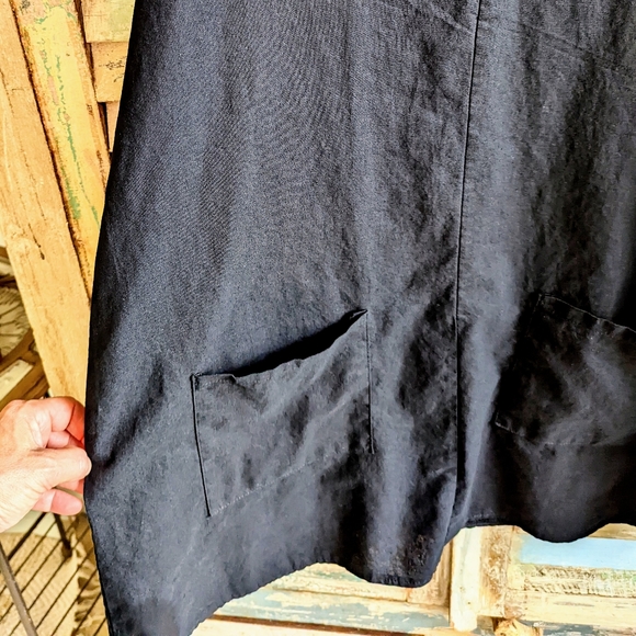 Black Linen Dress Sleeveless Tank Mini Beach Swim Cover Pockets Adjustable Strap - Picture 3 of 6